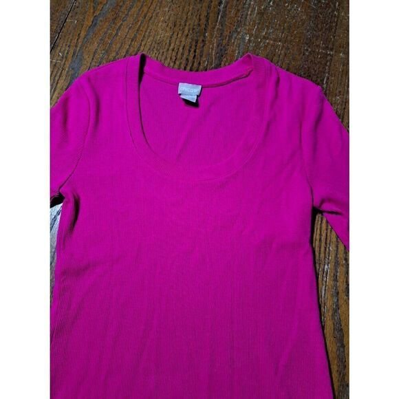 XS Chicos 00 Bright Pink Short Sleeve Scoop Neck Ribbed Pullover Shirt Top - Picture 2 of 5